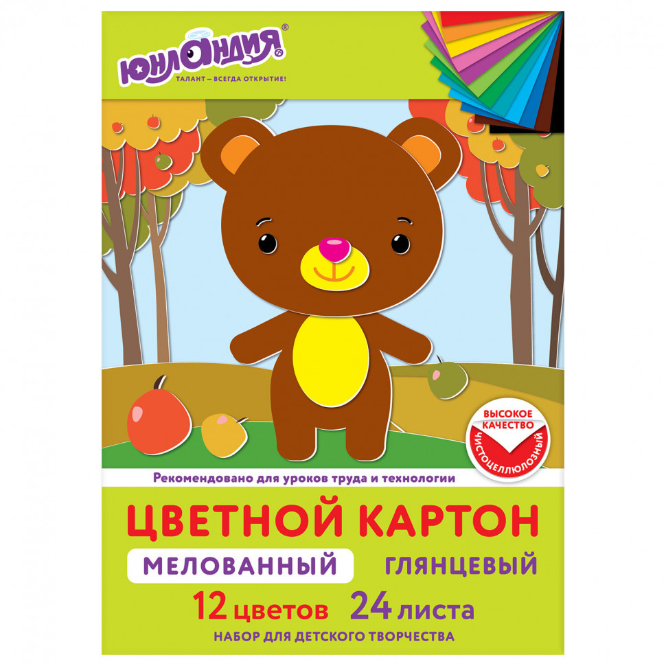 Картон цветной А4 МЕЛОВАННЫЙ EXTRA, 24 листа, 12 цветов, в папке, ЮНЛАНДИЯ, 200 х 290 мм, 113551
