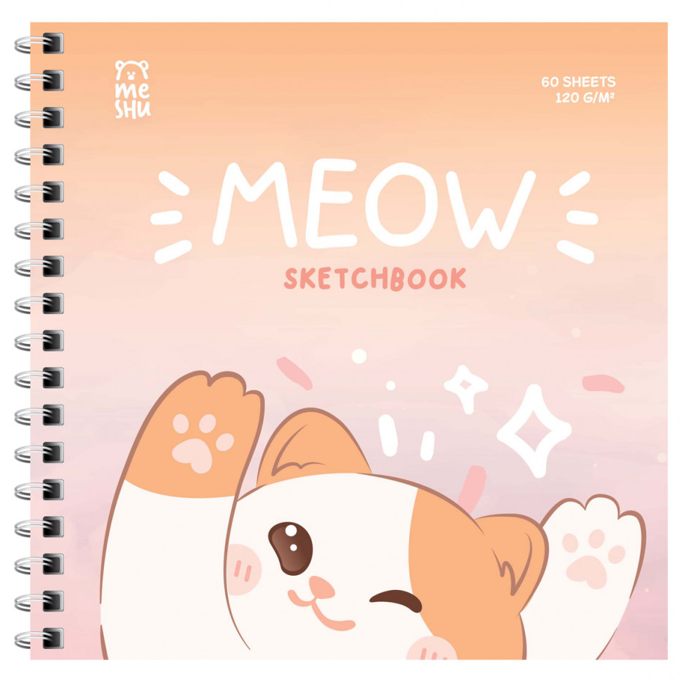 Скетчбук 60 листов MESHU "Meow", размер 150 х 150 мм, на гребне, выборочный лак, покрытие soft-touch, плотность бумаги 120 г/м2