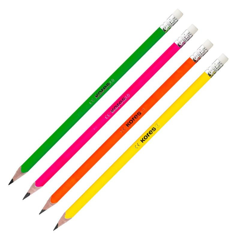 Карандаш чернографитный Kores Grafitos Neon трехгранный HB с ластиком