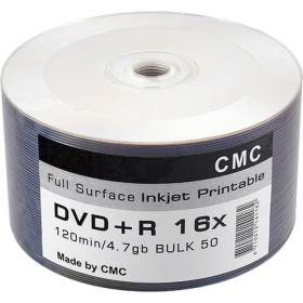 Диск DVD+R CMC 16X 4.7 Gb Printable с полнозакрашенной поверхностью для струйной печати (полная заливка) в термопленке, упаковка 50 штук