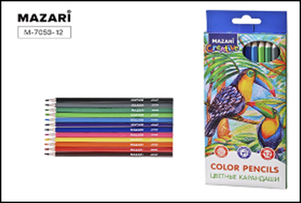 Карандаши цветные пластиковые Mazari WILDLIFE, 12 цветов, шестигранный корпус, диаметр грифеля 2,6 мм, Mazari M-7053-12