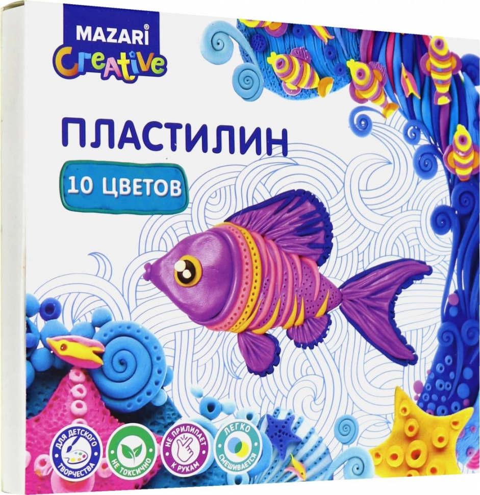 Пластилин классический Хатбер/Mazari/Пифагор, 10 цветов, 200 г, со стеком, M-2145-10