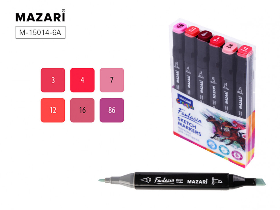 Набор двусторонних маркеров для скетчинга Mazari FANTASIA, 6 цветов, Pink colors (оттенки красного и розового), пулевидный и клиновидный наконечники 3.0-6.2 мм, Mazari M-15014-6A