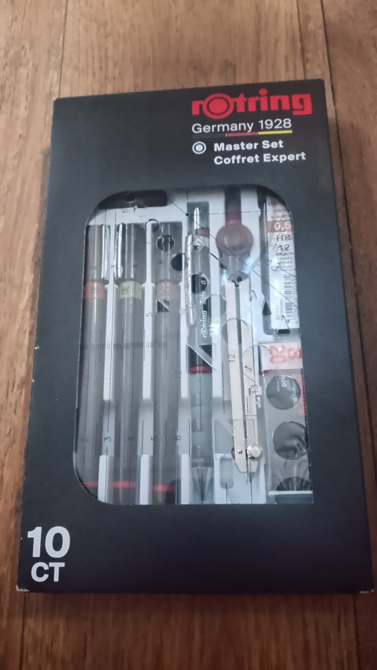 Набор изографов Rotring Master Set, 10 предметов - изографы 0.1, 0.3 и 0.5 мм, тушь, циркуль с адаптером и запасными грифелями для циркуля, карандаш 0.5 HB с 12 запасными грифелями для карандаша, ластик B20, Rotring S0699420 