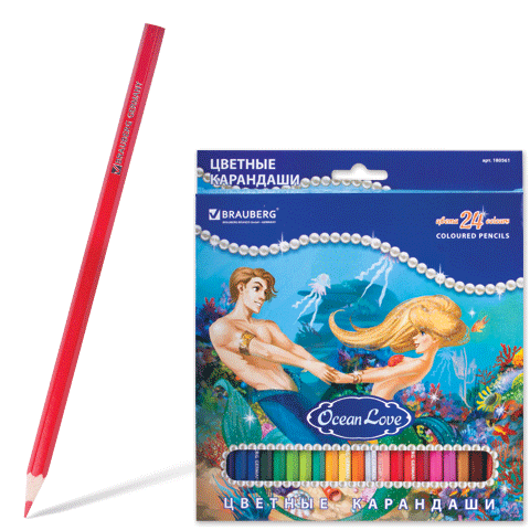 Карандаши цветные BRAUBERG "Ocean love" (Морские истории), 24 цвета, заточенные, карт.уп. с блестками, 180561 