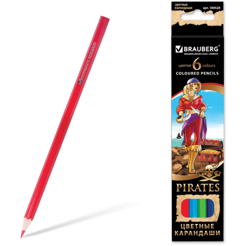 Карандаши цветные BRAUBERG "Pirates" (Пираты), 6 цв., заточенные, упаковка с фольгой