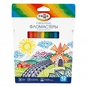 Фломастеры Гамма "Классические", 12 цветов, смываемые, пишущий узел 1 мм, ширина линии письма 2.6 мм, вентилируемый колпачок