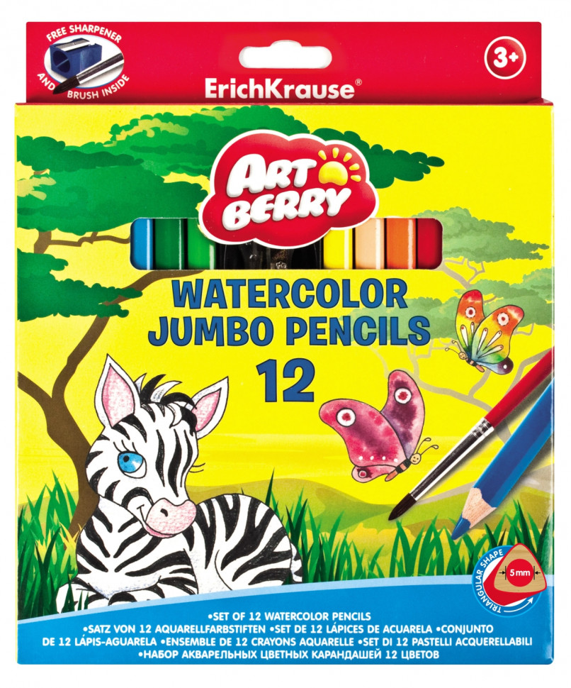 Карандаши акварельные Erich Krause Artberry треугольные Jumbo с точилкой и кисточкой, набор 12 цветов