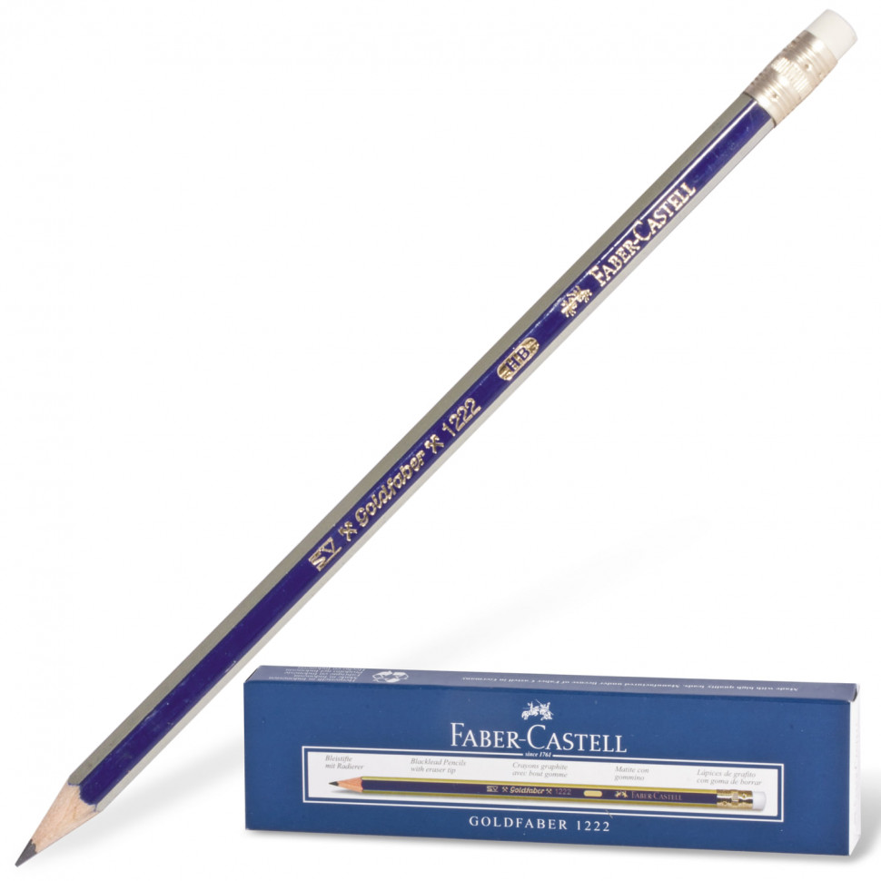 Карандаш чернографитовый FABER-CASTELL GOLDFABER 1222, шестигранный,с ластиком,  корпус деревянный, цвет корпуса - синий с полосой, твердость HB