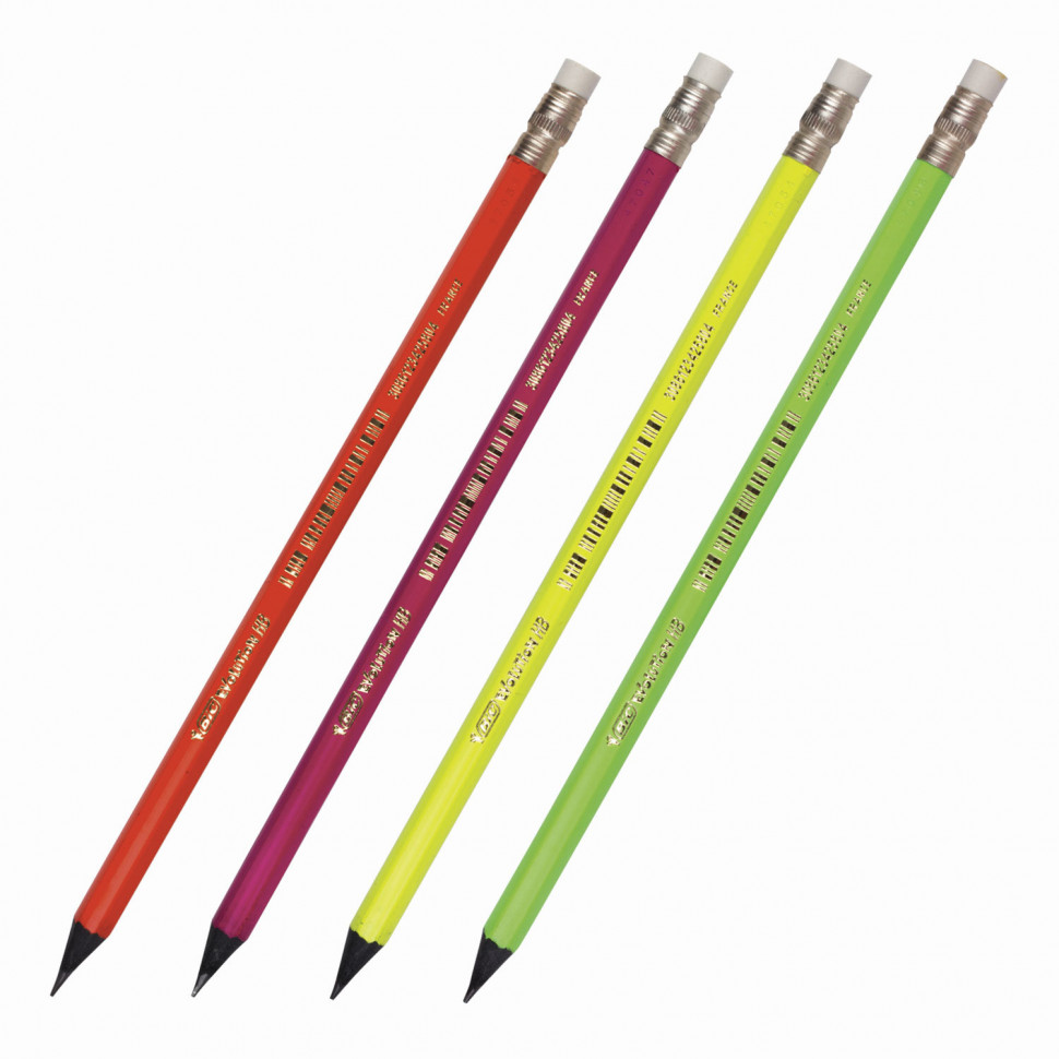 Карандаш чернографитный BIC Evolution Fluo, HB, пластиковый, с резинкой, корпус ассорти, 942882