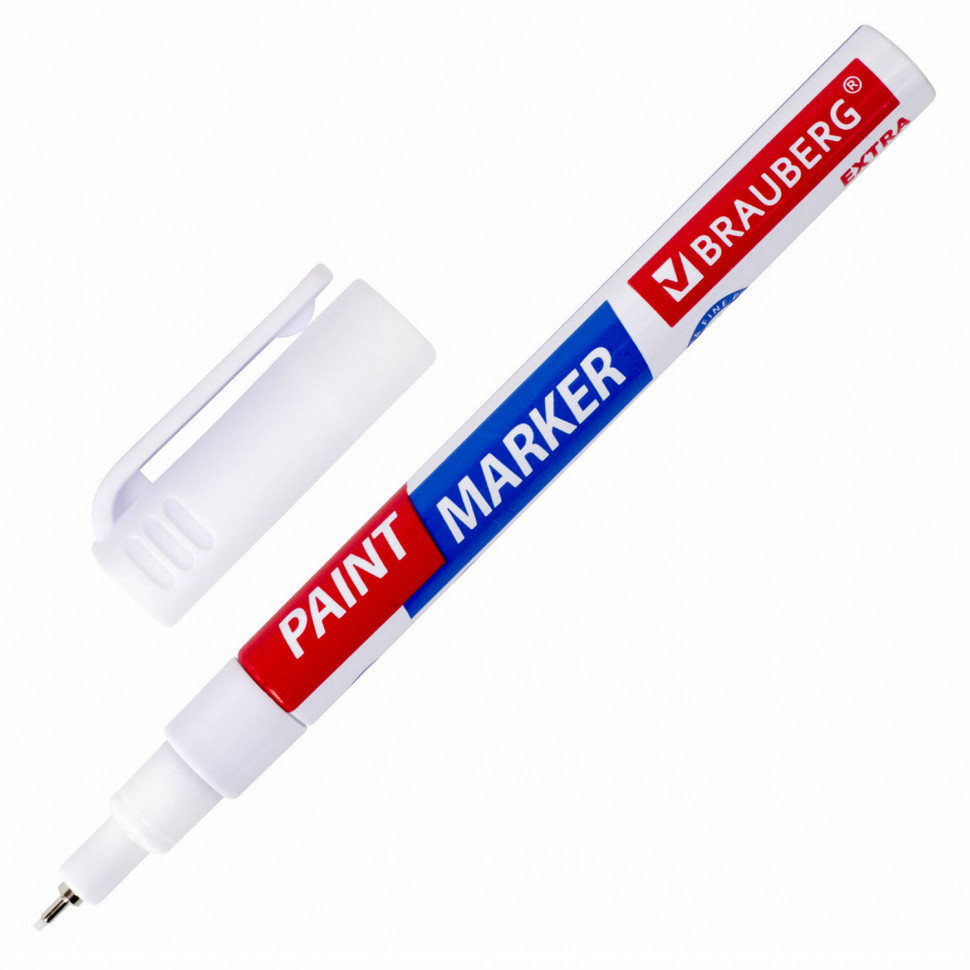 Маркер-краска лаковый Brauberg EXTRA (paint marker), игольчатый пишущий узел 1 мм, УСИЛЕННАЯ НИТРООСНОВА, цвет чернил белый, 151959