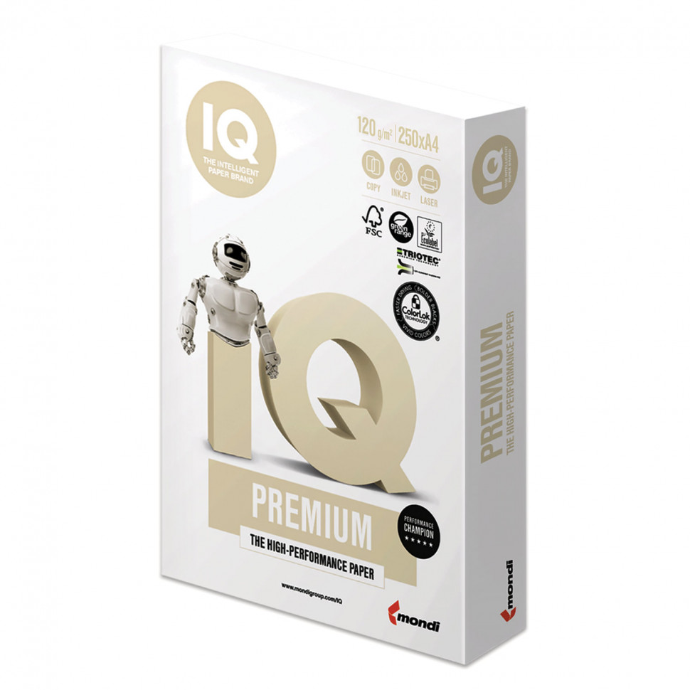 Бумага IQ PREMIUM А4, плотность 120 г/м2, класс "А", белизна 170% (CIE), пачка 250 листов
