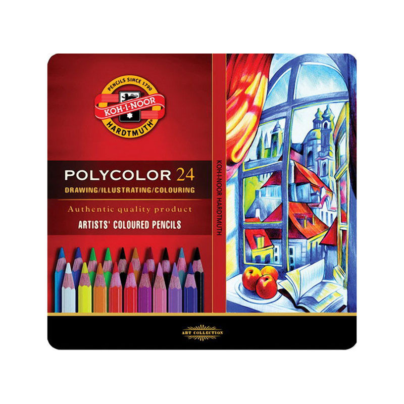 Карандаши Koh-i-Noor POLYCOLOR художественные, 24 цвета, заточенные, металлический пенал, 3824024002PL