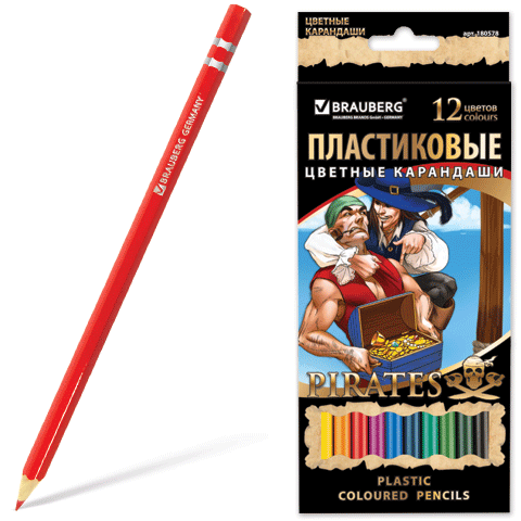 Карандаши цветные BRAUBERG "Pirates" (Пираты), 12 цв., пластиковые, заточенные 