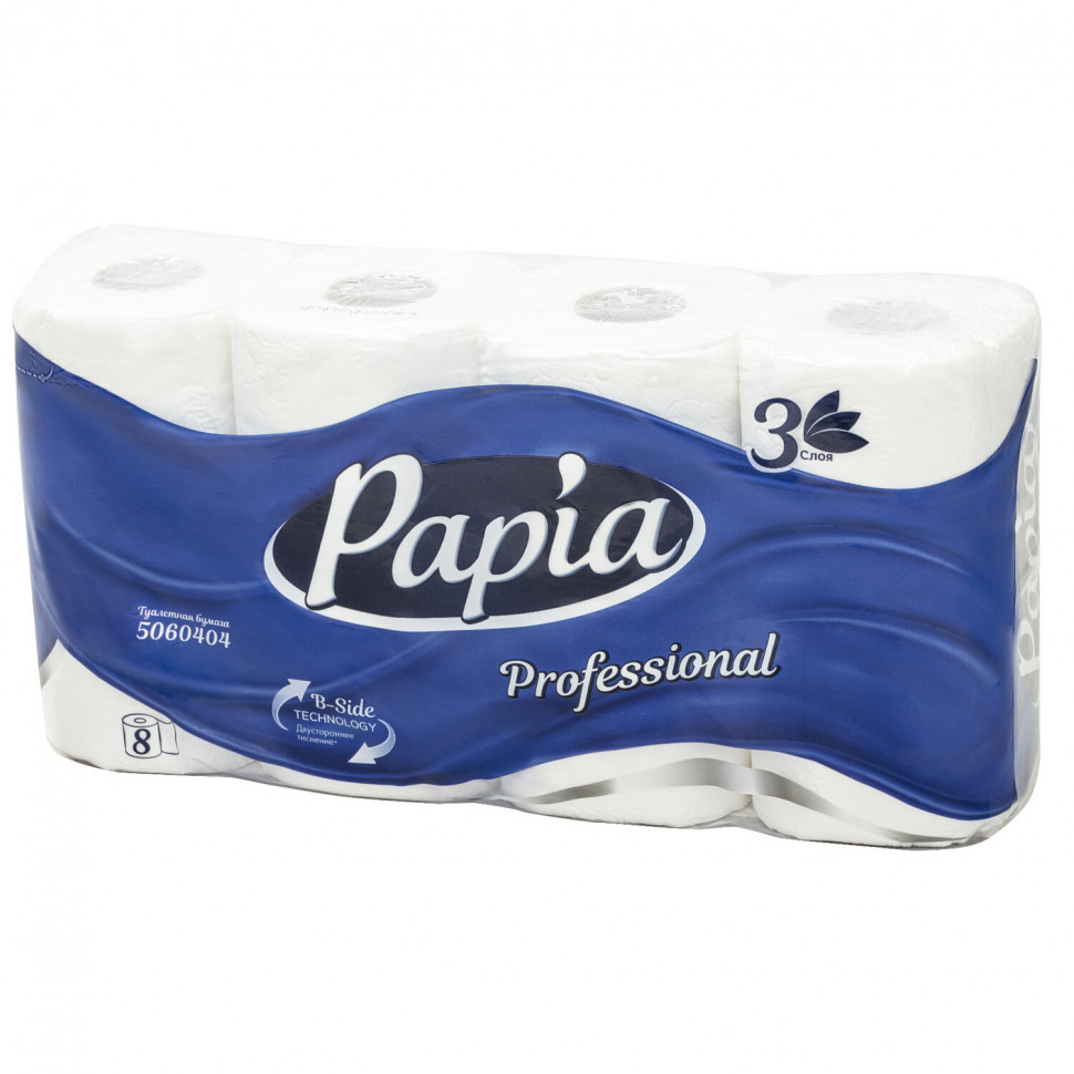 Бумага туалетная трехслойная Papia Professional, рулон 17 м, белая, уп. 8 рулонов, 5060404