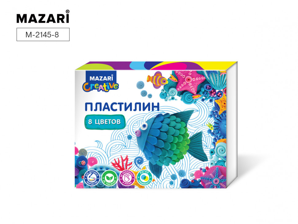 Пластилин классический Mazari, 8 цветов, 160 г, со стеком, M-2145-08