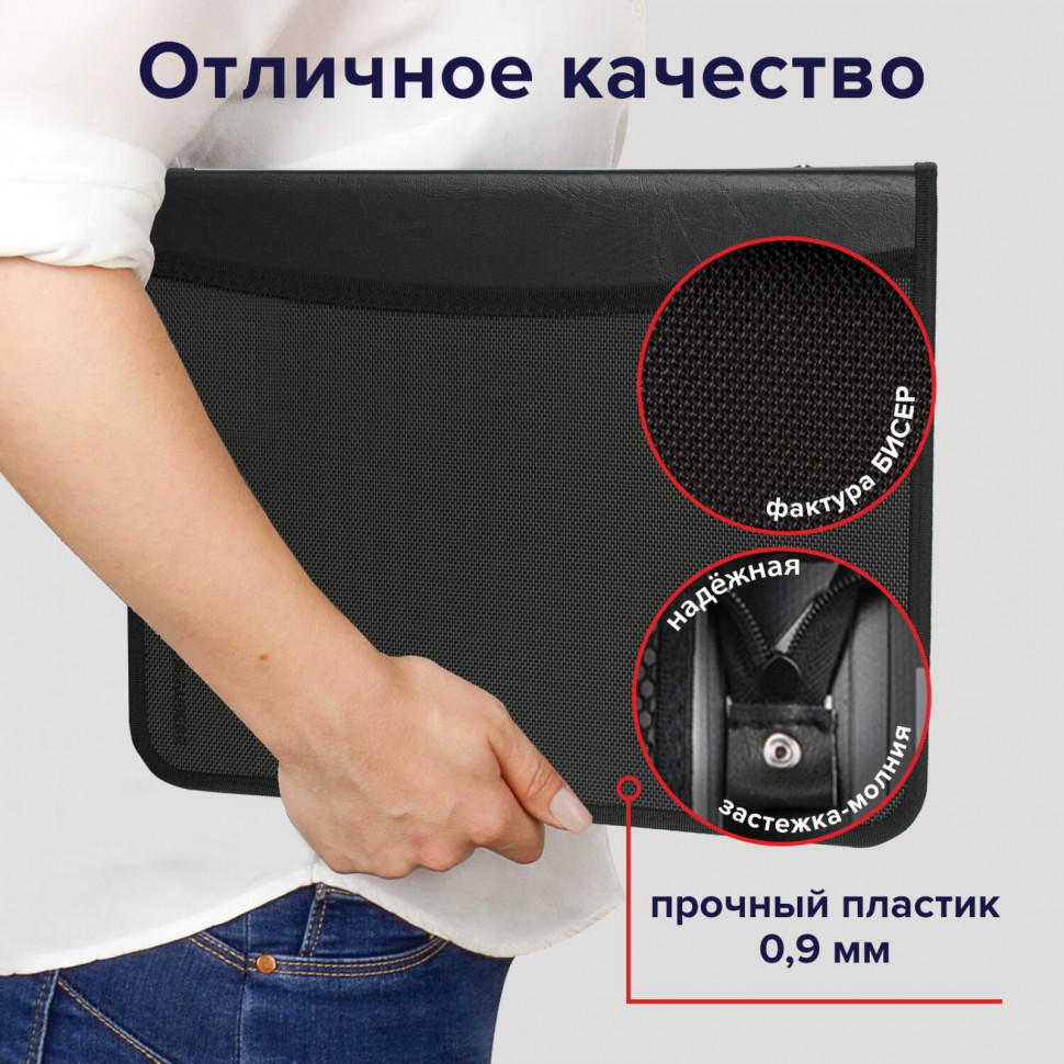 Папка на молнии А4, два отделения, размер 350 х 282 х 33 мм, пластик, 4 кармана, бизнес-класс, черная