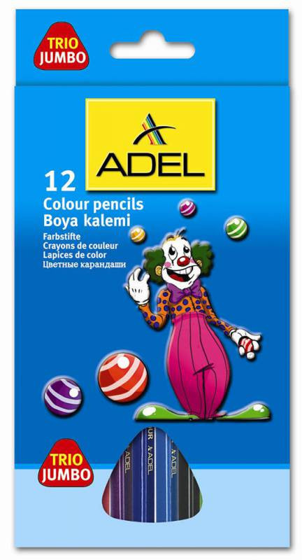 Карандаши цветные Adel Jumbo трехгранные, диаметр 5,4 мм, 12 цветов 