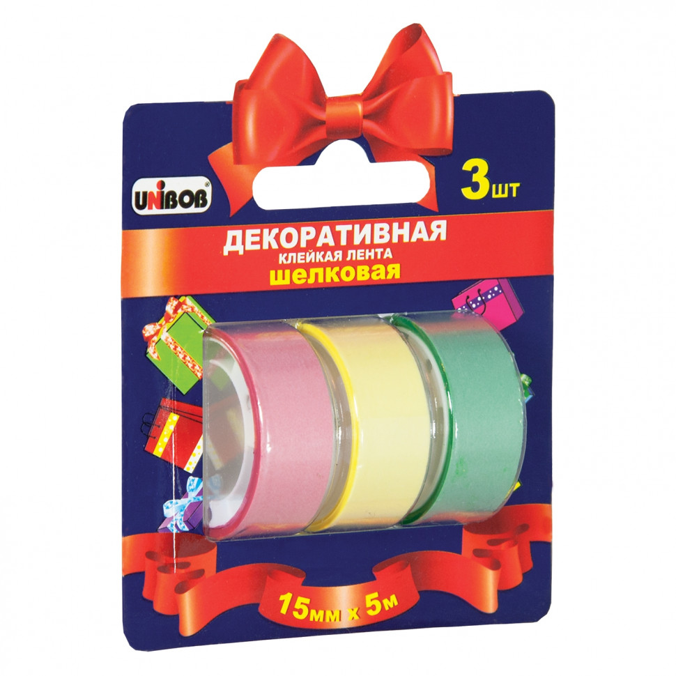 Клейкая лента декоративная шелковая Unibob 15 мм x 5 м, набор 3 рулона