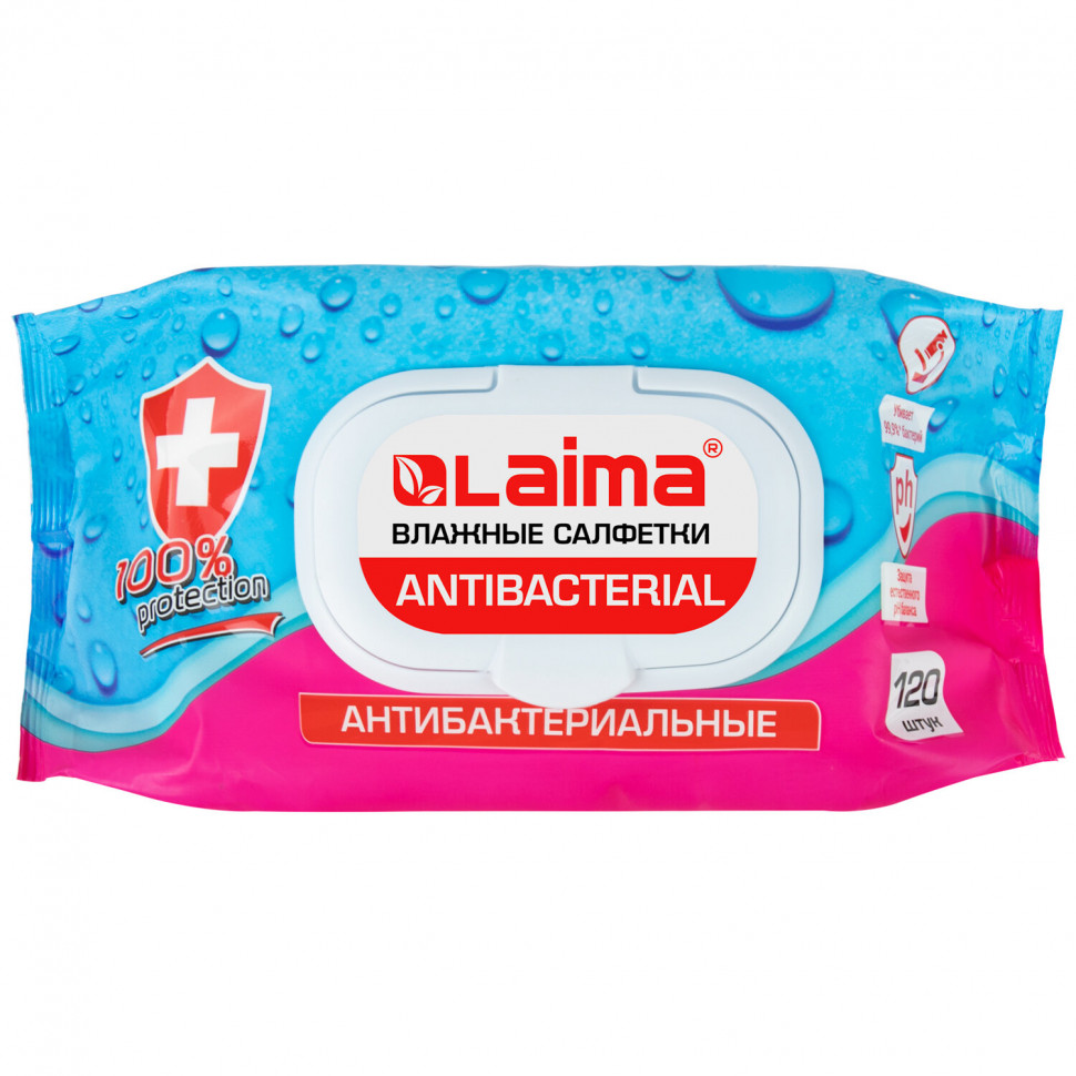 Салфетки влажные LAIMA Antibacterial АНТИБАКТЕРИАЛЬНЫЕ с пластиковым клапаном, уп. 120 салфеток, 112497