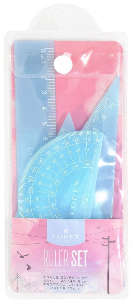 Набор LOREX COTTON CLOUD - линейка 15 см, транспортир 10 см, угольник 30/60 11 см, угольник 45/45 8 см, цвет ассорти