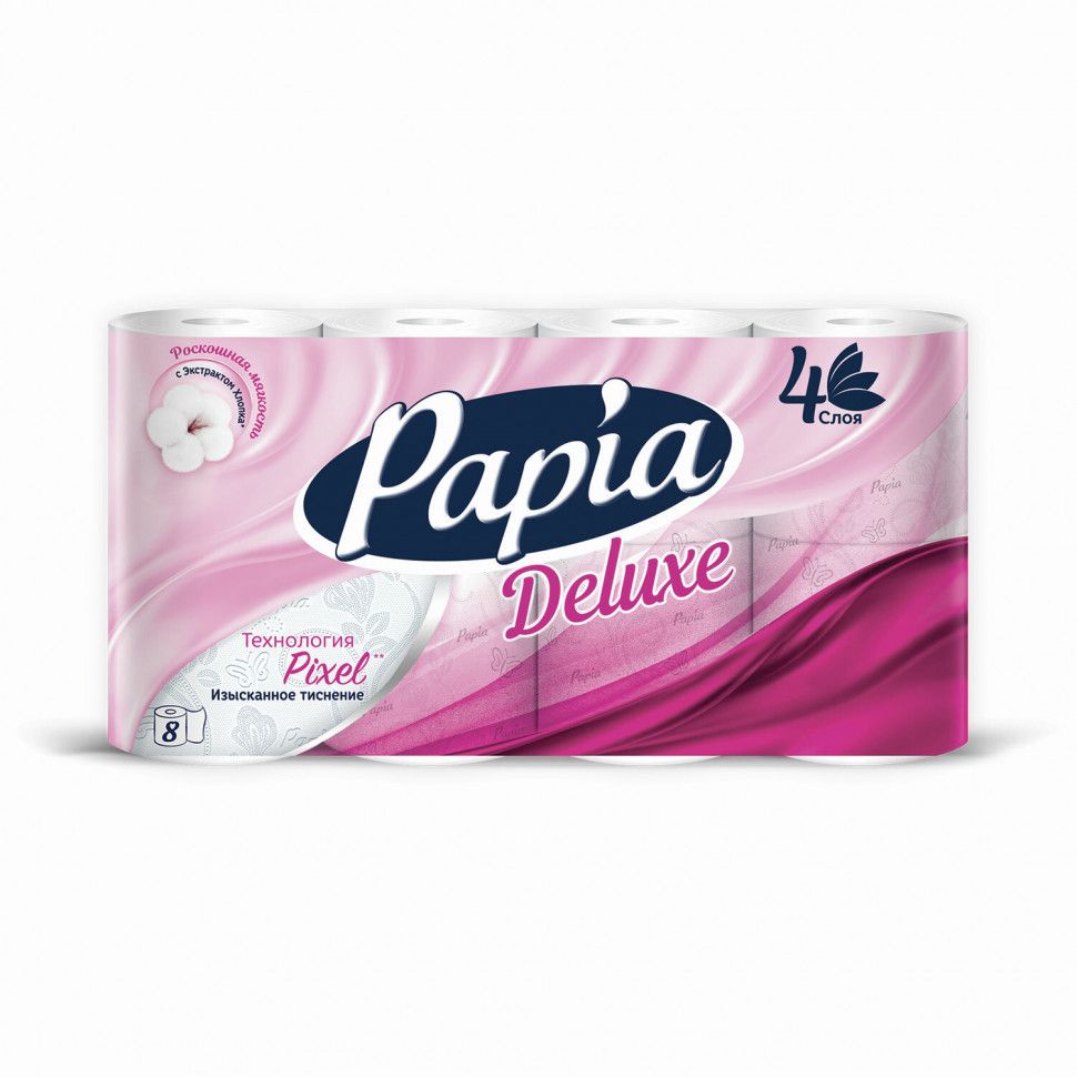Бумага туалетная бытовая 4-слойная PAPIA DELUXE белая, уп. 8 рулонов по 16 метров, Papia 5062173