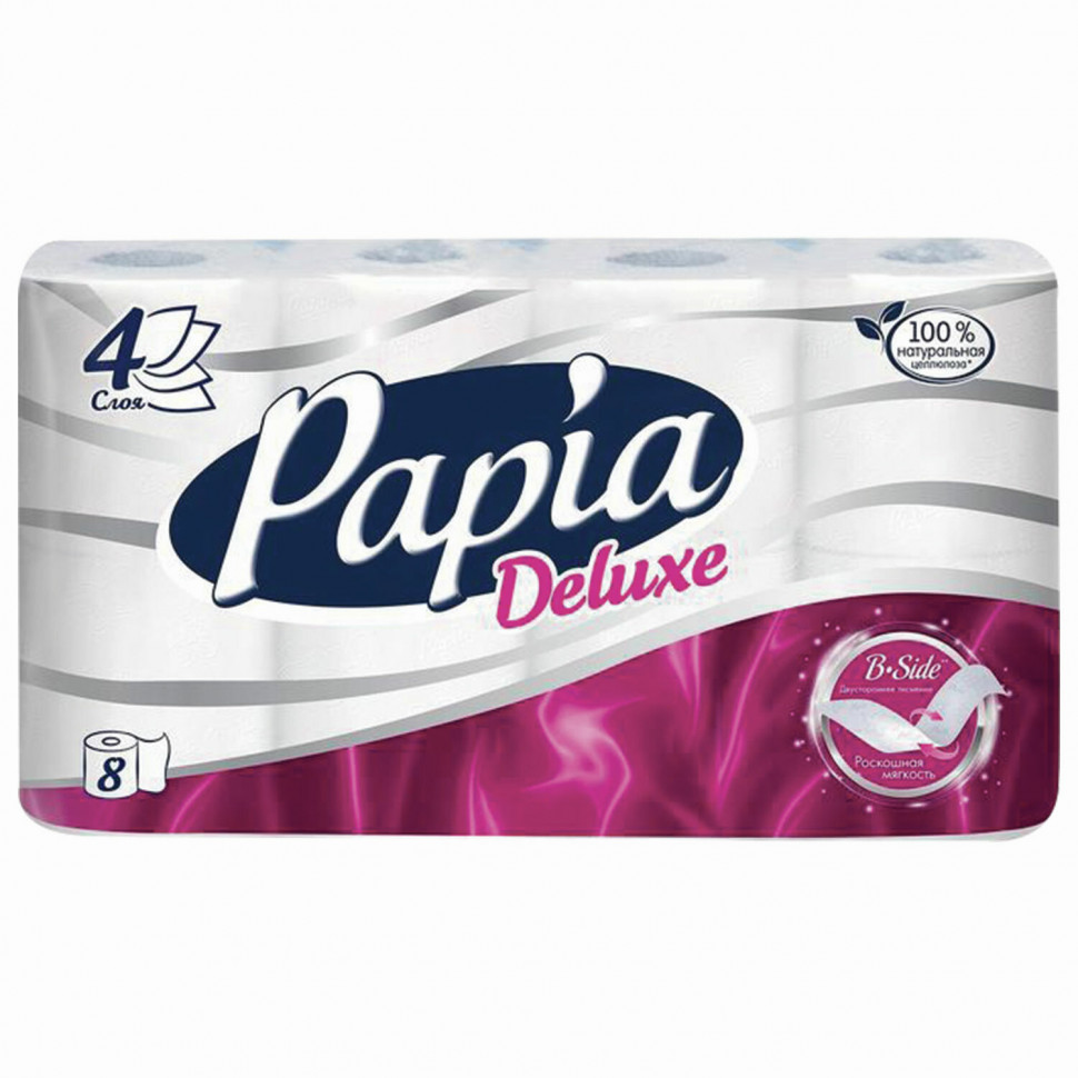 Бумага туалетная бытовая 4-слойная PAPIA DELUXE белая, уп. 8 рулонов по 16 метров, Papia 5062173