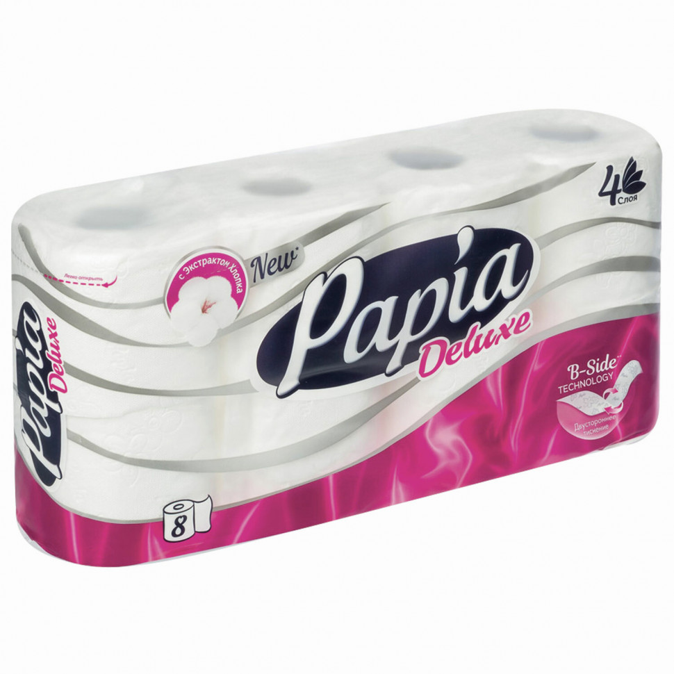 Бумага туалетная бытовая 4-слойная PAPIA DELUXE белая, уп. 8 рулонов по 16 метров, Papia 5062173