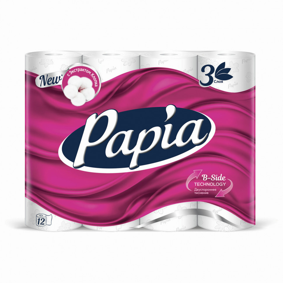 Бумага туалетная бытовая трехслойная PAPIA белая, рулон 16.8 м, уп. 12 рулонов, 5058531/5080722