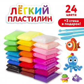 Пластилин суперлёгкий воздушный застывающий 24 цвета, 240 г, 3 стека, ЮНЛАНДИЯ, 105906
