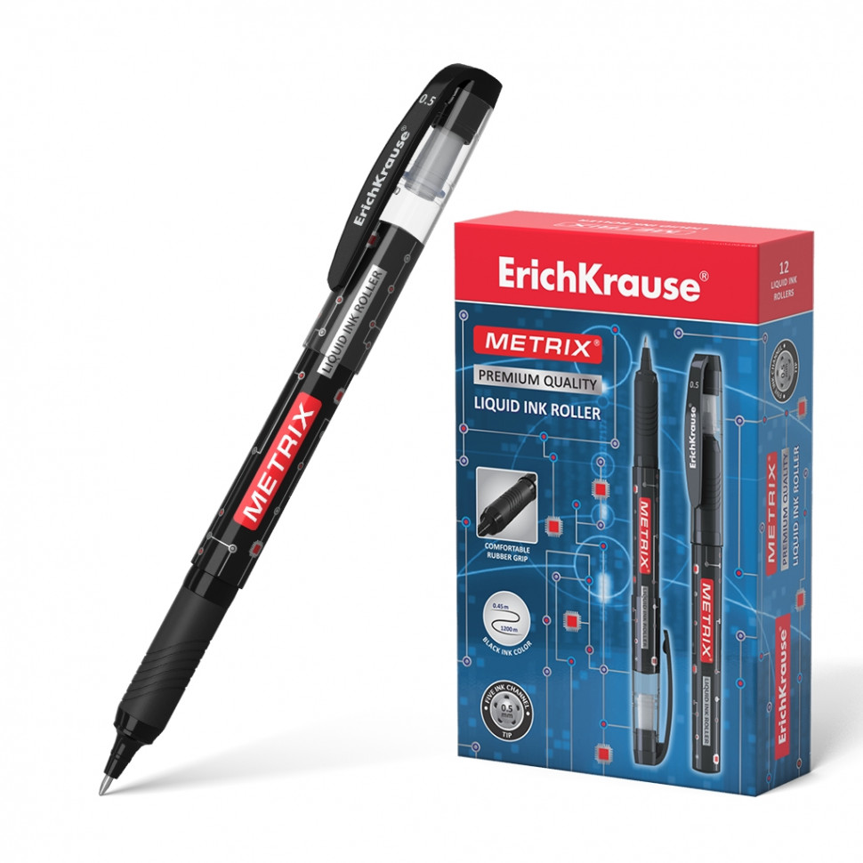 Ручка-роллер ErichKrause Metrix® Stick&Grip Classic, пишущий узел 0.5 мм, длина письма 1200 м, цвет чернил черный, EK45480
