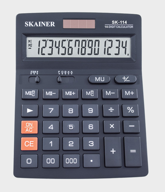 Калькулятор SKAINER SK-114 настольный большой, 14 разрядов, два питания, 2 памяти, размер 140 х 176 х 45 мм, цвет черный