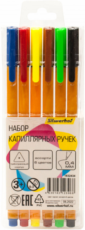 Набор трехгранных капиллярных ручек Silwerhof, игловидный пишущий узел 0.4 мм, 6 цветов