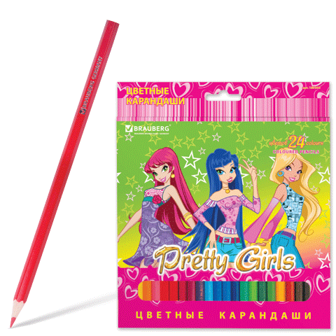 Карандаши цветные BRAUBERG "Pretty Girls" (Подружки), 24 цв., заточенные 