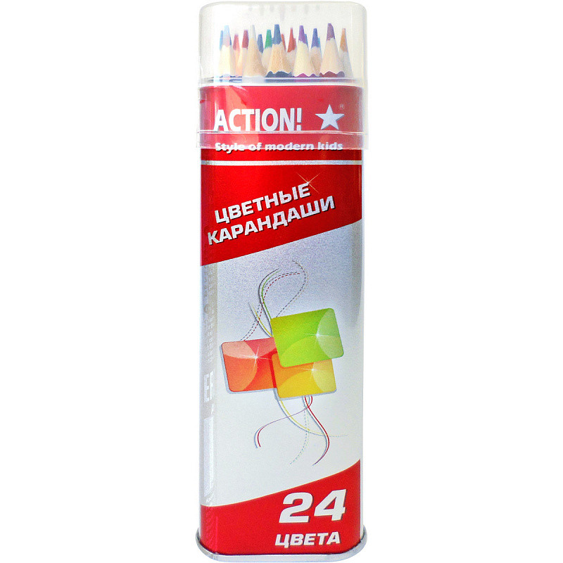 Набор цветных карандашей Action!, 24 цвета, дерево, заточенные, шестигранные, в металлическом тубусе