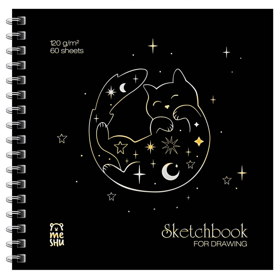 Скетчбук на гребне 60 листов 150 х 150 мм MESHU "Black Cat", отделка фольгой, soft-touch, плотность бумаги 120 г/м2