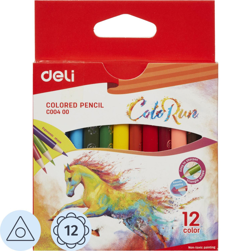 Карандаши цветные Deli ColoRun трехгранные деревянные (тополь) укороченные, диаметр грифеля 2.9 мм, набор 12 цветов, Deli EC00400 