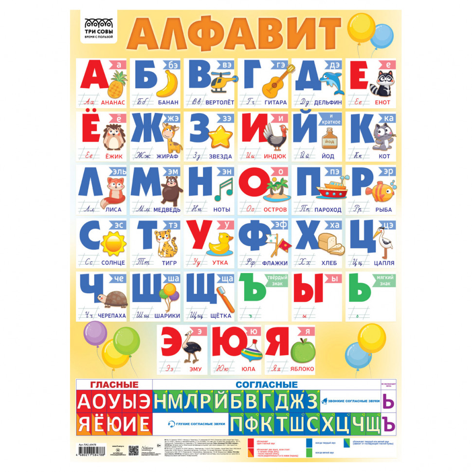 Плакат обучающий "Алфавит", размер 440 х 600 мм