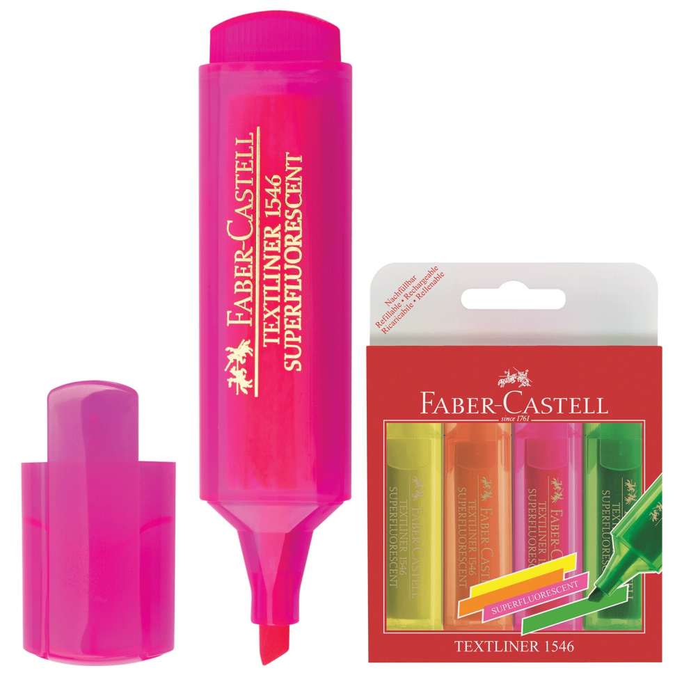 Набор текстмаркеров FABER-CASTELL, скошенный пишущий узел 1 - 5 мм, чернила на водной основе, четыре флюоресцентных цвета (желтый, оранжевый, розовый, зеленый), FC154604