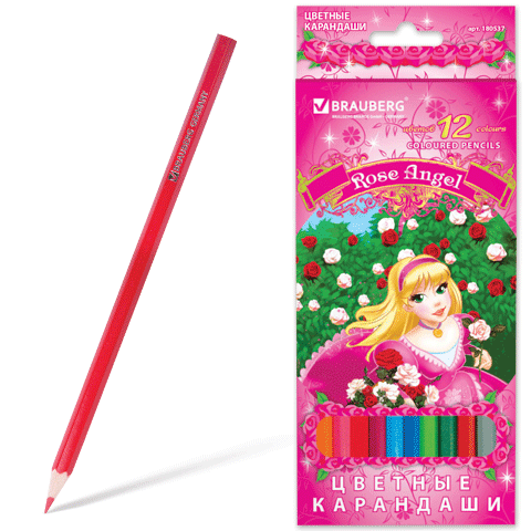 Карандаши цветные BRAUBERG "Rose Angel" (Ангел Роз), 12 цв., заточенные 