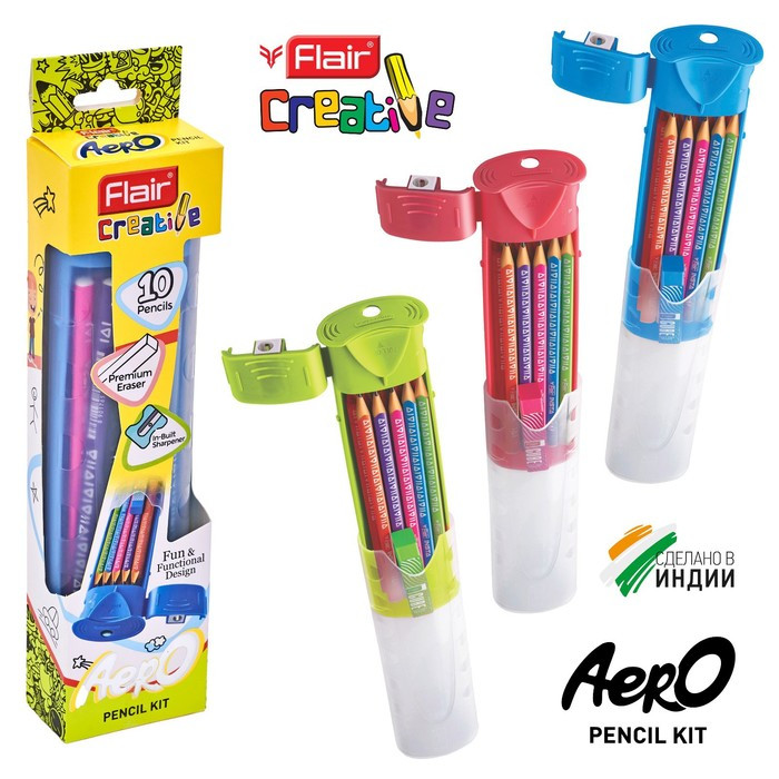 Карандаши чернографитные Flair Aero деревянные трехгранные, твердость 2B, набор 10 штук, c точилкой и ластиком