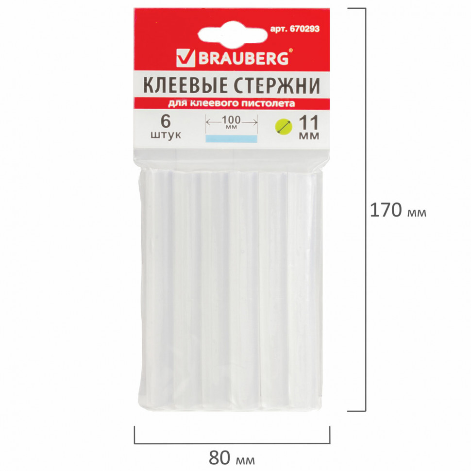 Клеевые стержни Bruaberg, диаметр 11 мм, длина 100 мм, прозрачные, уп. 6 штук, 670293