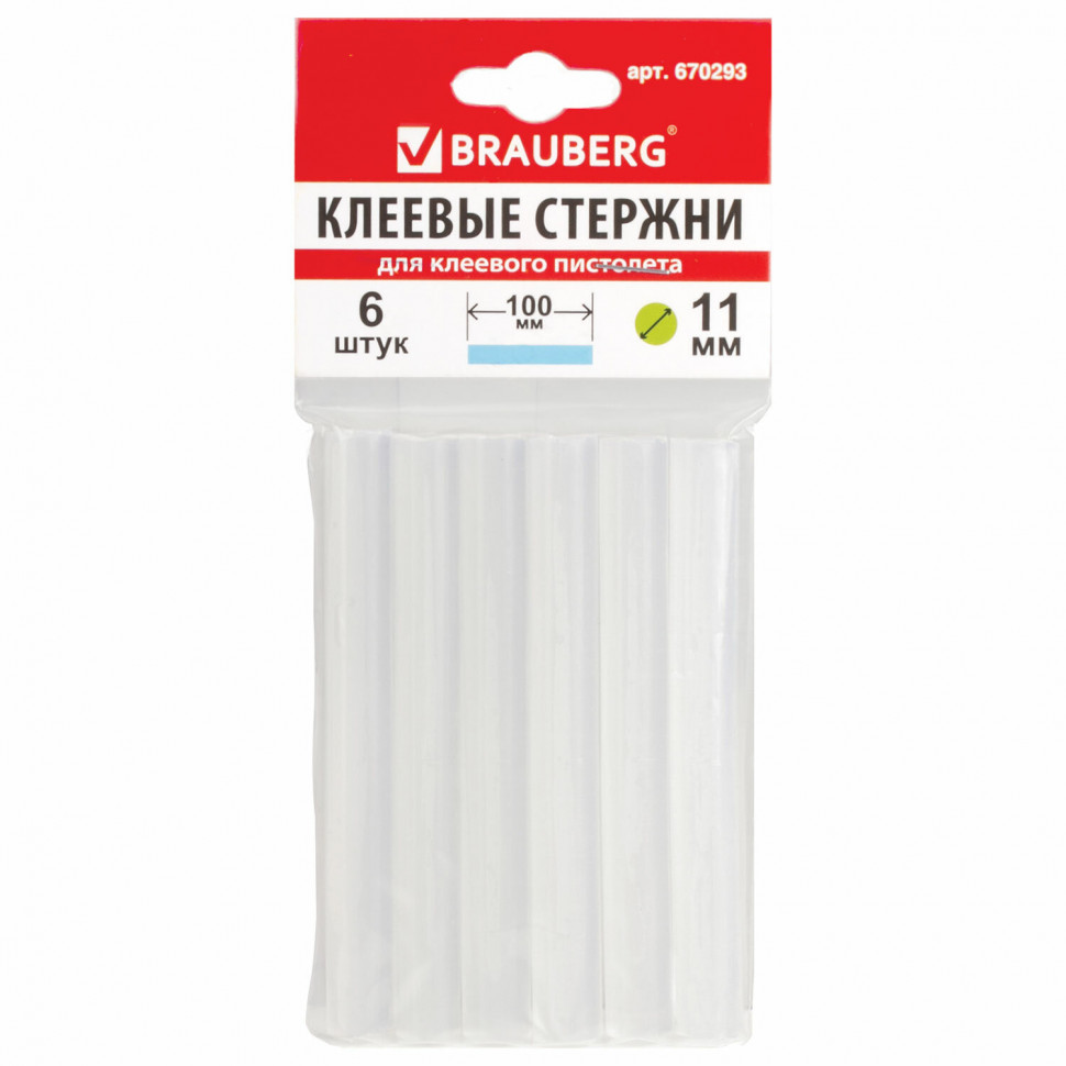 Клеевые стержни Bruaberg, диаметр 11 мм, длина 100 мм, прозрачные, уп. 6 штук, 670293