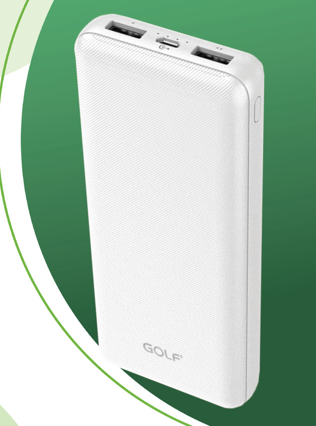 Внешний аккумулятор GOLF G44/ Powerbank 20000 mah + Кабель Micro usb /In Micro usb /Out USB 1 А, 2.1A/ белый