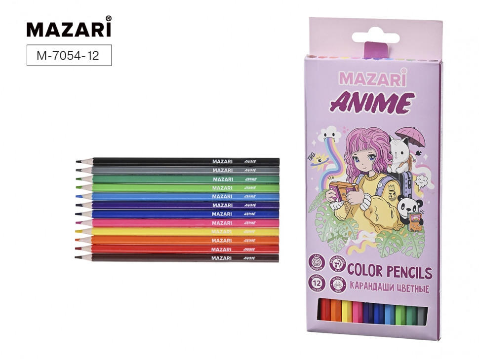 Карандаши цветные пластиковые Mazari CUTE ANIME, набор 12 цветов, шестигранный корпус, диаметр грифеля 2,6 мм, Mazari M-7054-12
