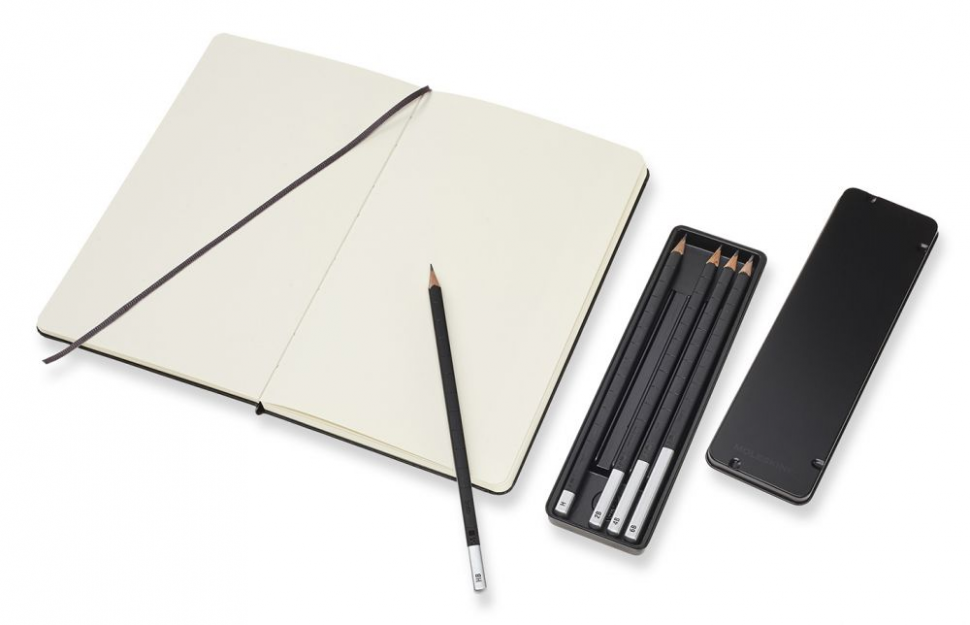 Набор Moleskine Art Collection - блокнот-скетчбук Large нелинованный (размер 13 х 21 см, 104 страницы, твердая оболожка, без линовки, плотность бумаги 165 г/м2) + пенал с пятью чернографитными карандашами, твердость H, HB, 2B, 4B, 6B