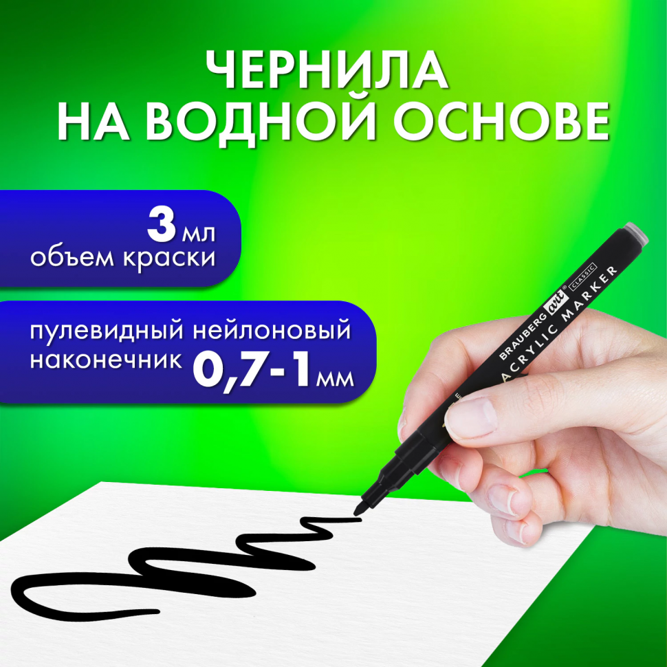 Маркеры акриловые для рисования и хобби BRAUBERG ART CLASSIC, пишущий узел 0.7 - 1 мм, чернила на водной основе, набор 2 цвета - черный и белый, 152527
