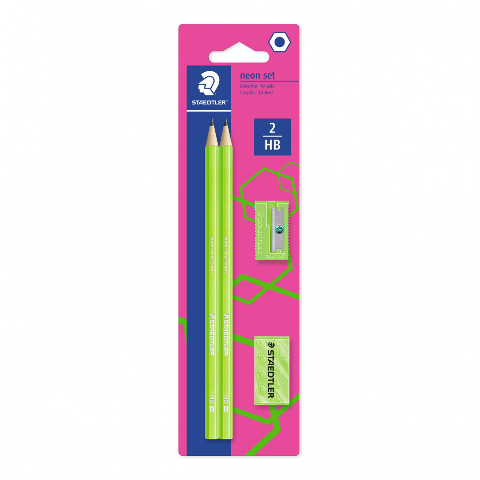 Набор канцелярский STAEDTLER с чернографитными карандашами "Wopex Neon" HB, 2 штуки, ластиком, точилкой