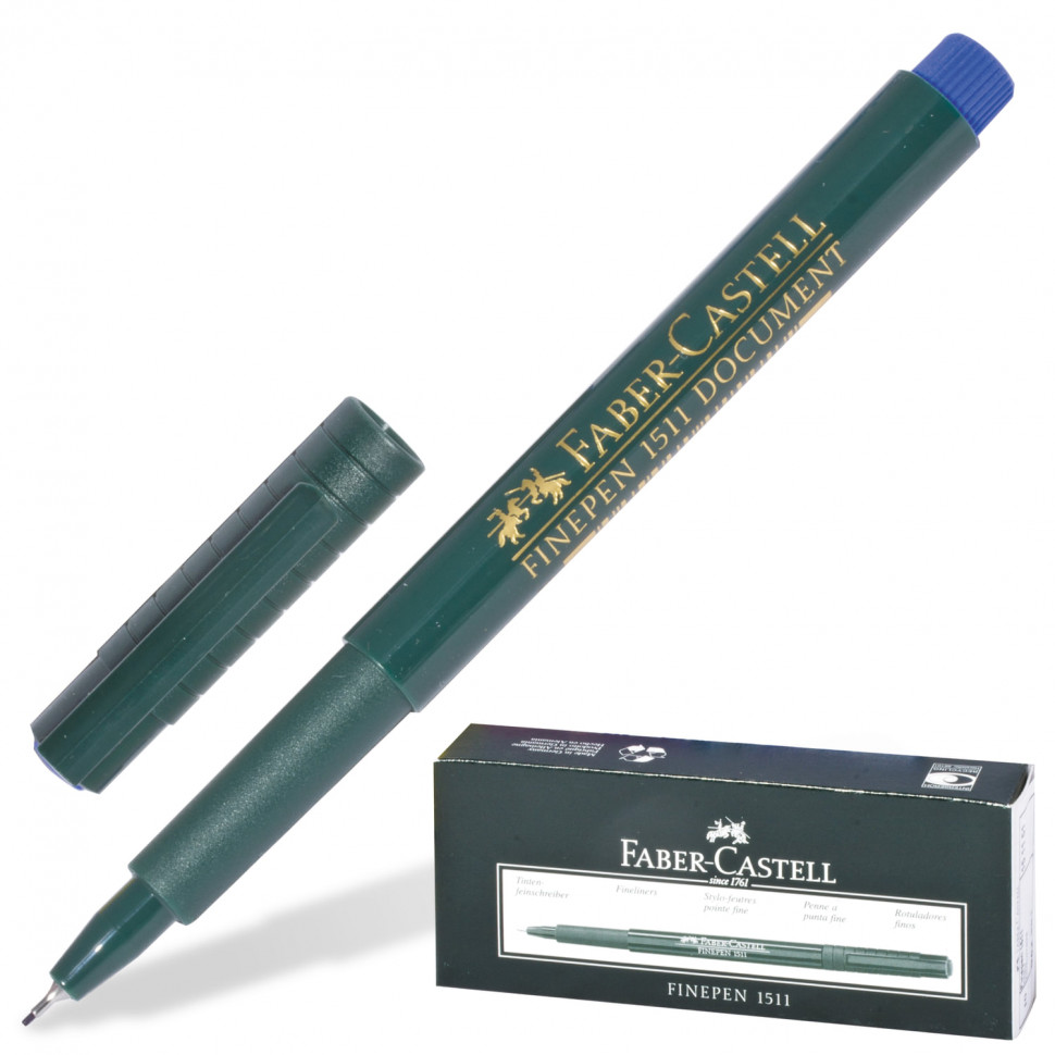 Ручка капиллярная Faber-Castell "FINEPEN 1511", нестираемые чернила, толщина линии 0,4 мм,цвет корпуса  темно-зеленый, цвет чернил синий, FC151151