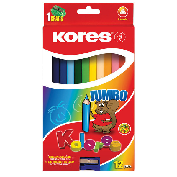 Набор трехгранных карандашей с точилкой Kores JUMBO 12 цветов